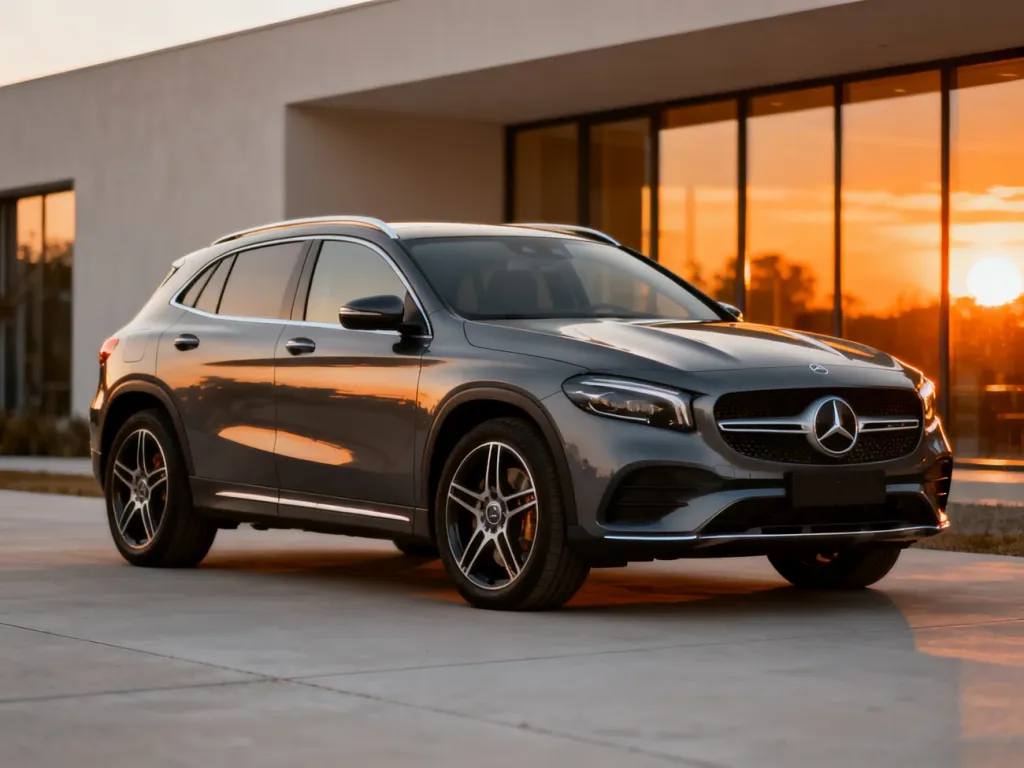 Nowoczesny Mercedes-Benz GLA zaparkowany na podjeździe w świetle zachodzącego słońca, podkreślającym jego elegancką sylwetkę.