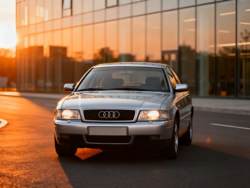 Srebrne Audi A6 C5 zaparkowane na nowoczesnej drodze w świetle zachodzącego słońca, prezentujące sylwetkę klasycznego modelu.