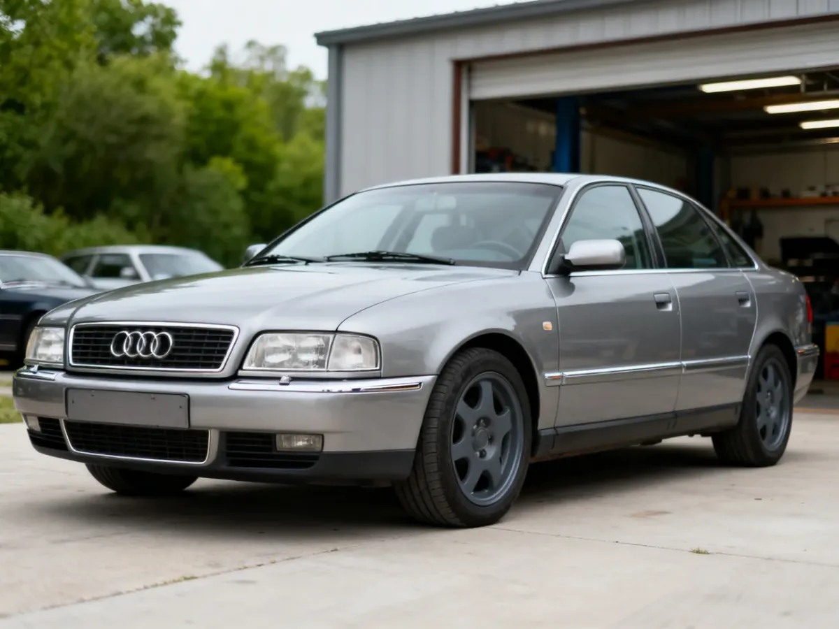 Klasyczne Audi A4 B5 sedan zaparkowane przed warsztatem