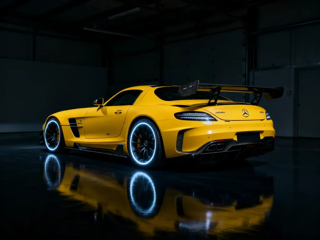 Żółty Mercedes AMG SLS Black Series z charakterystycznymi drzwiami typu gullwing na ciemnym, odblaskowym podłożu.