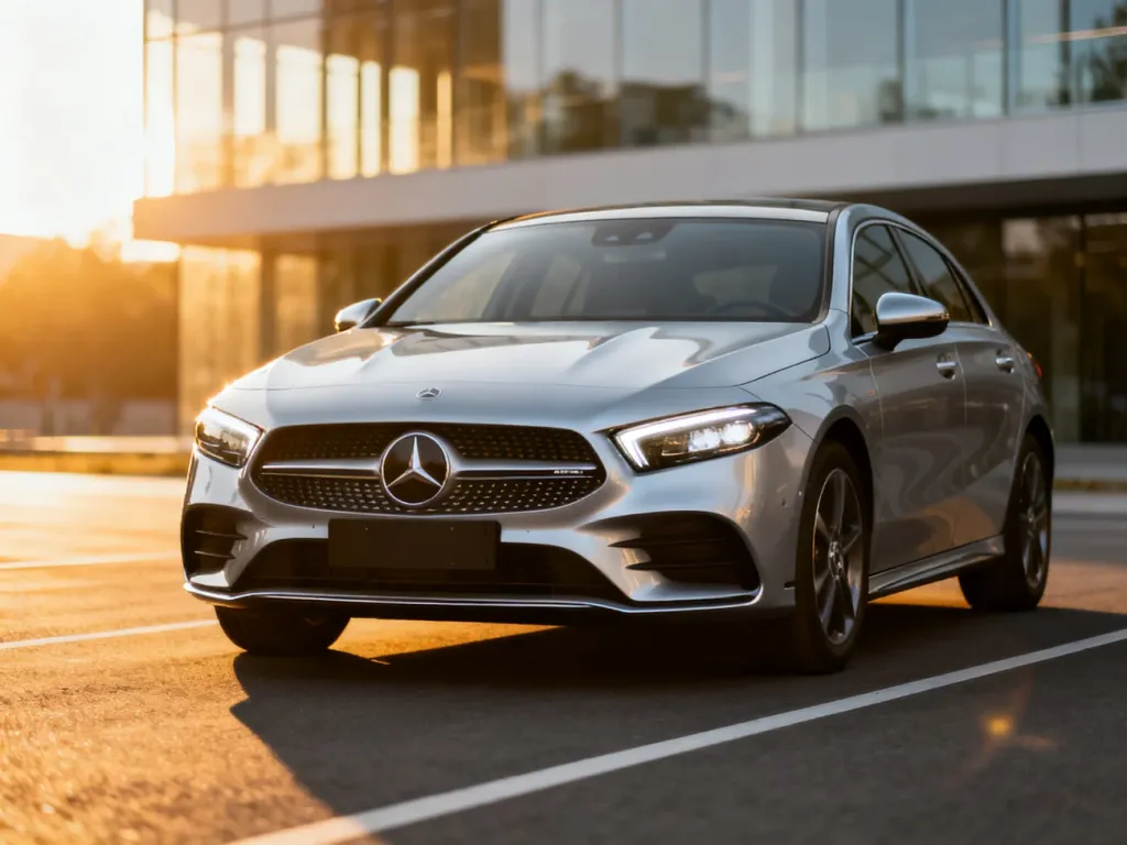 Srebrny Mercedes-Benz klasy A zaparkowany na tle nowoczesnej architektury w świetle zachodzącego słońca.