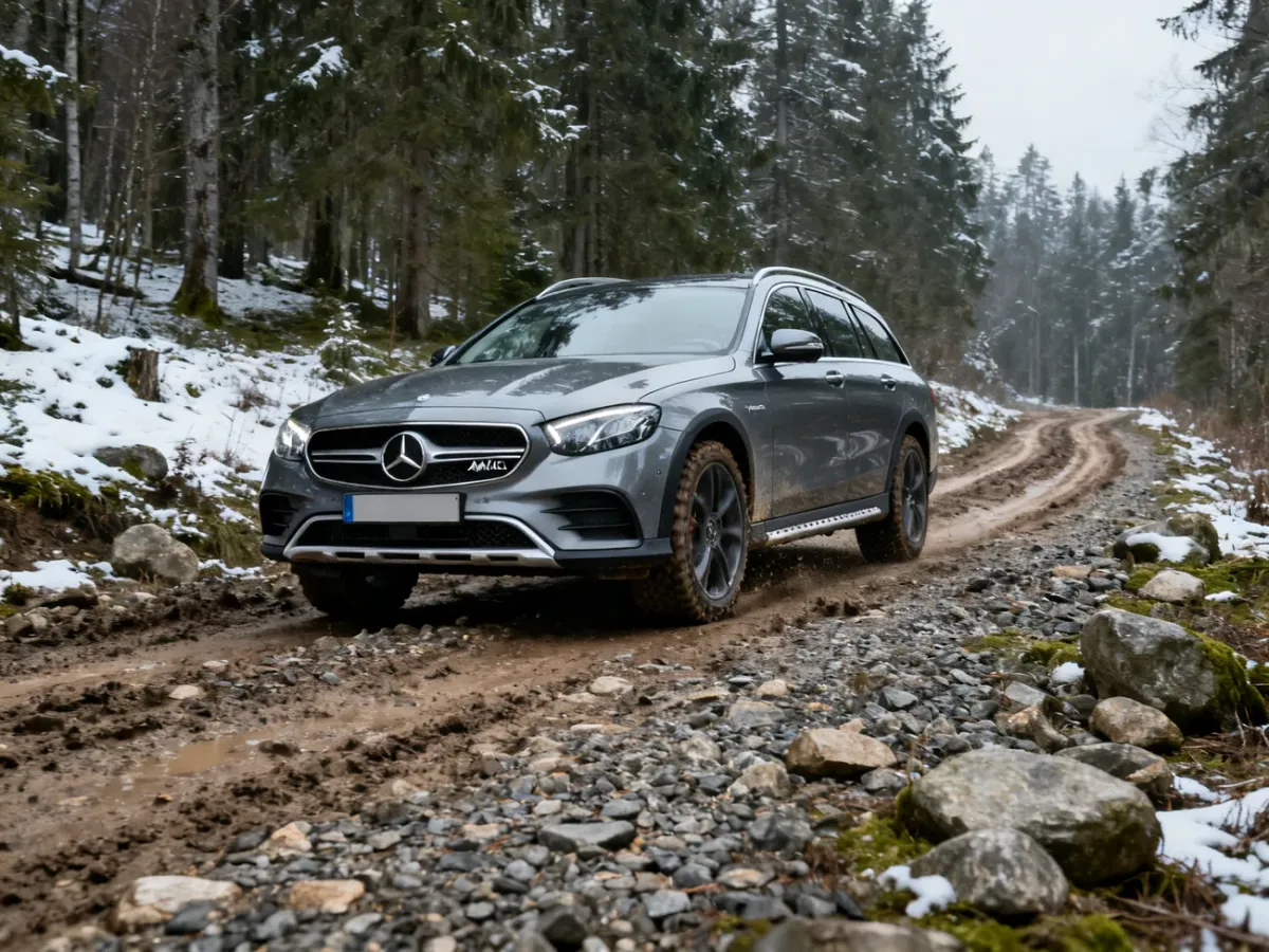 Mercedes Klasy E All-Terrain na nierównej, szutrowej drodze w lesie