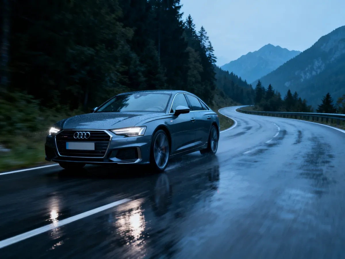Audi A6 Quattro pokonujące mokrą, górską drogę