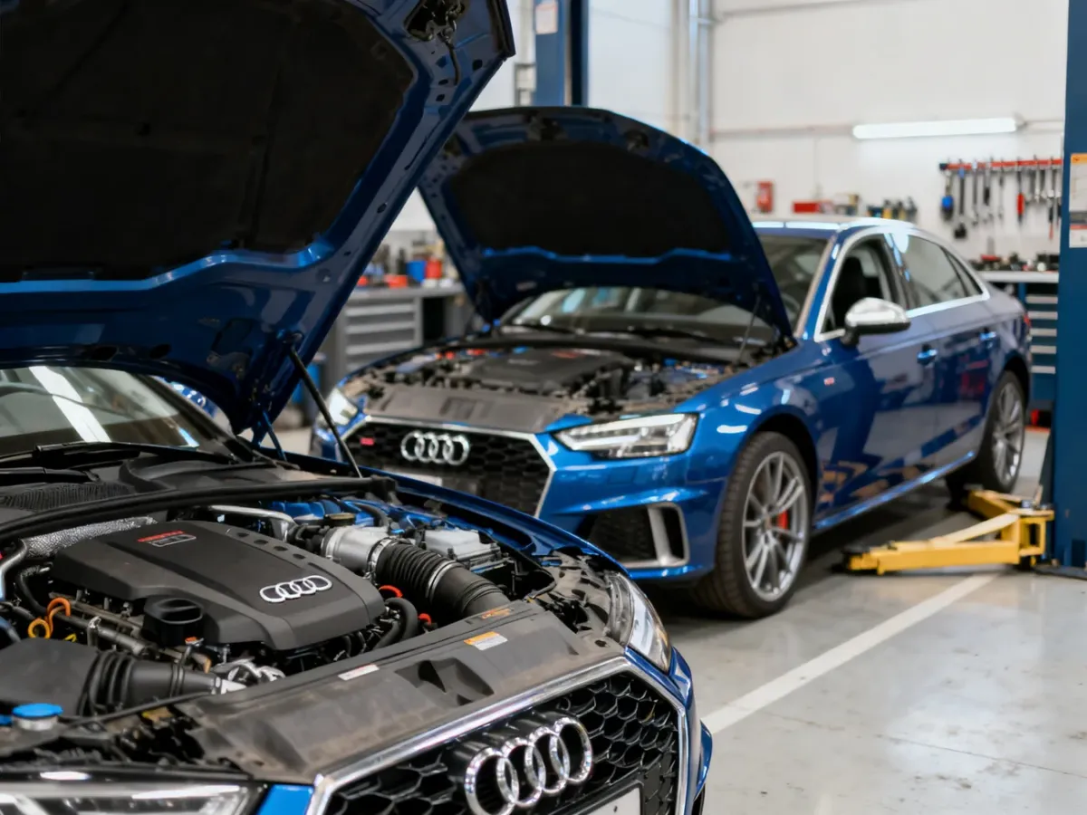 Audi A4 2.0 TFSI podczas kontroli silnika w warsztacie