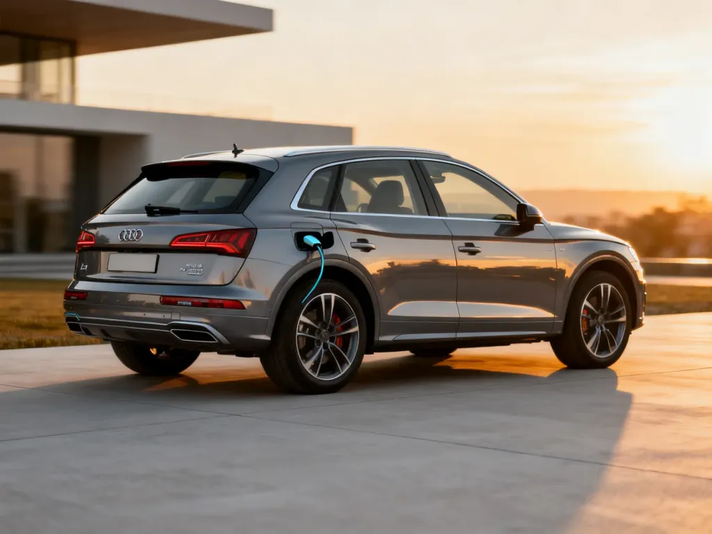 Nowoczesne Audi Q5 plug-in hybrid zaparkowane na minimalistycznym podjeździe w świetle zachodzącego słońca.
