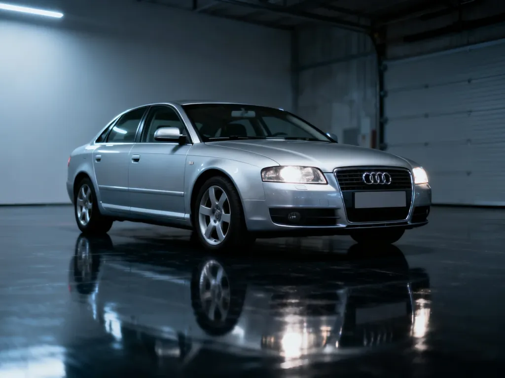 Srebrne Audi A4 B6 zaparkowane w profesjonalnym studiu, prezentujące charakterystyczną sylwetkę i linię nadwozia.