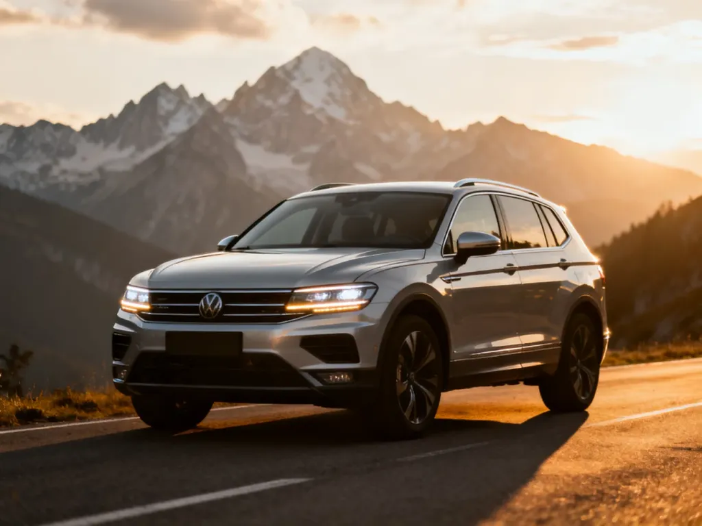 Srebrny SUV Audi Q5 zaparkowany na górskiej drodze w blasku zachodzącego słońca, podkreślający nowoczesny design auta.