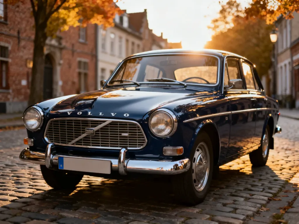 Zadbany, granatowy klasyczny Volvo zaparkowany na brukowanej uliczce w historycznym europejskim mieście.
