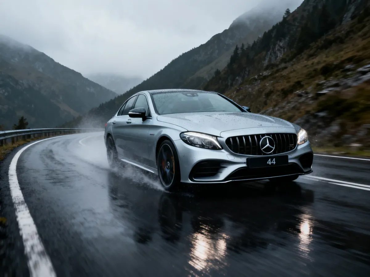 Mercedes-AMG C43 pokonujący mokrą krętą drogę