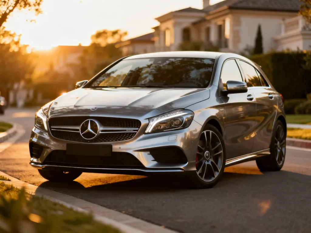 Nowoczesny Mercedes klasy A W176 zaparkowany na cichej ulicy w świetle zachodzącego słońca.