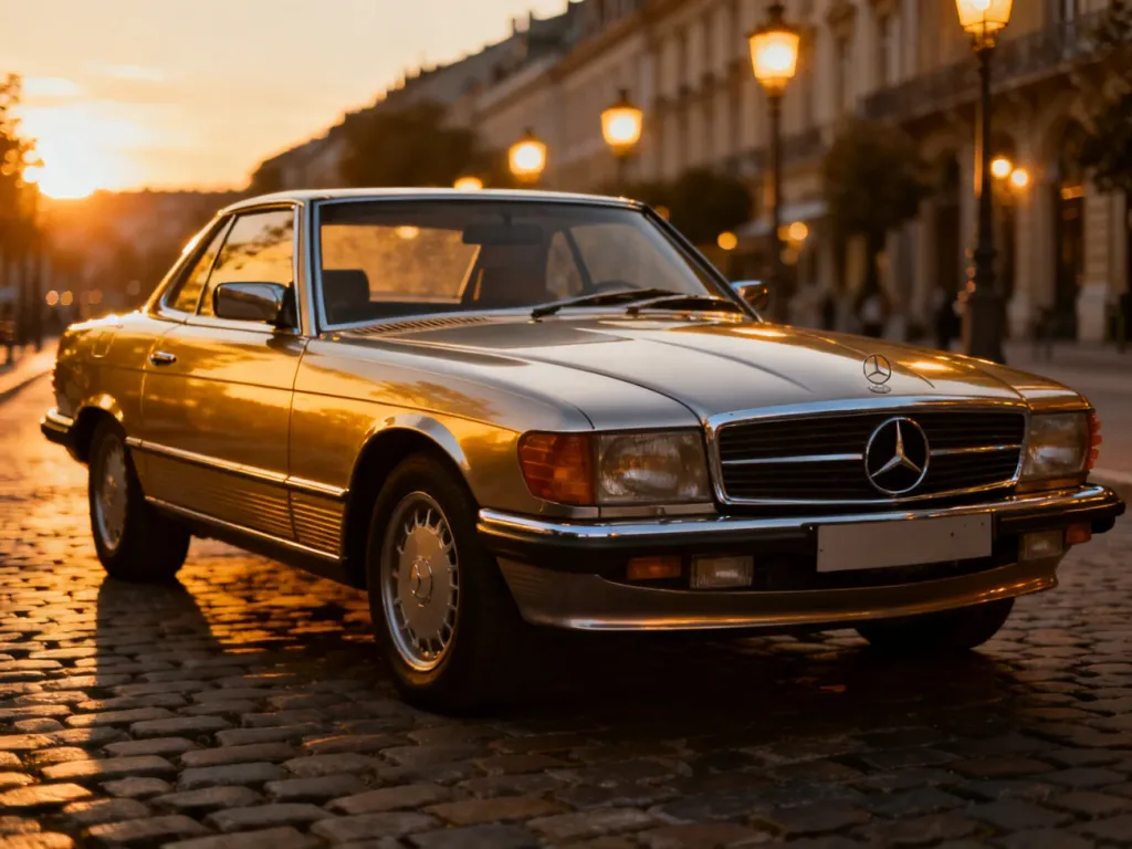 Elegancki Mercedes SEC zaparkowany na brukowanej ulicy w blasku zachodzącego słońca. Klasyczne coupe w miejskiej scenerii.