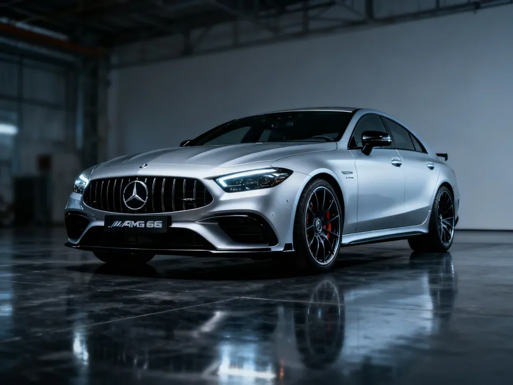 Srebrny Mercedes-Benz CLS AMG 63 w profesjonalnym studiu, podkreślający agresywną stylistykę i aerodynamiczną sylwetkę auta.