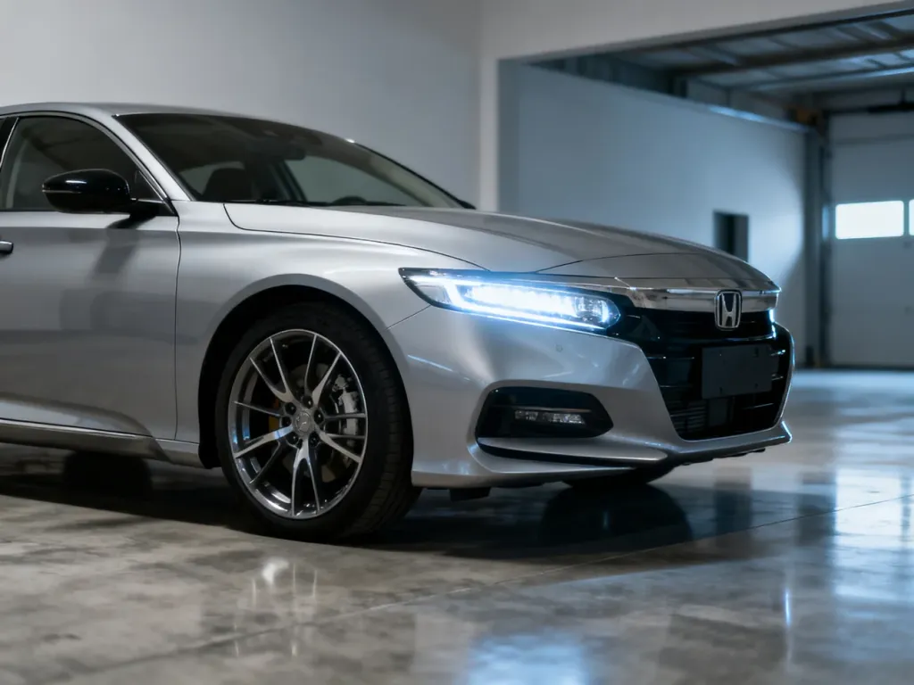 Srebrny sedan marki Mercedes zaparkowany w nowoczesnym garażu, podkreślający elegancję i design modelu klasy C.