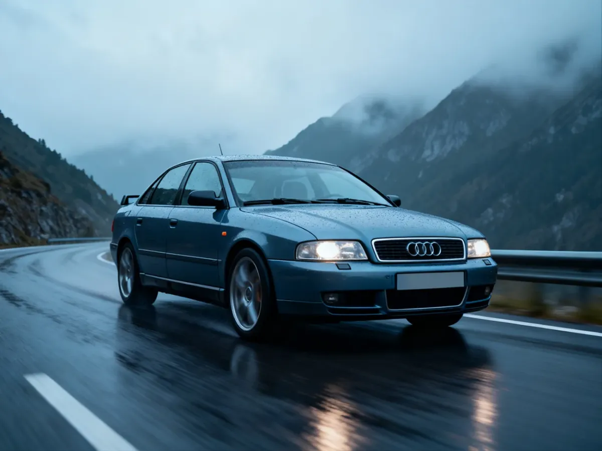 Audi A4 B5 Quattro jadące po mokrej górskiej drodze