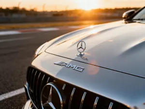 Srebrny Mercedes-Benz klasy A zaparkowany na tle nowoczesnej architektury w świetle zachodzącego słońca.