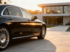 Zbliżenie na elegancką kierownicę Mercedesa z widocznym logo i skórzanym wykończeniem wnętrza w luksusowym samochodzie.