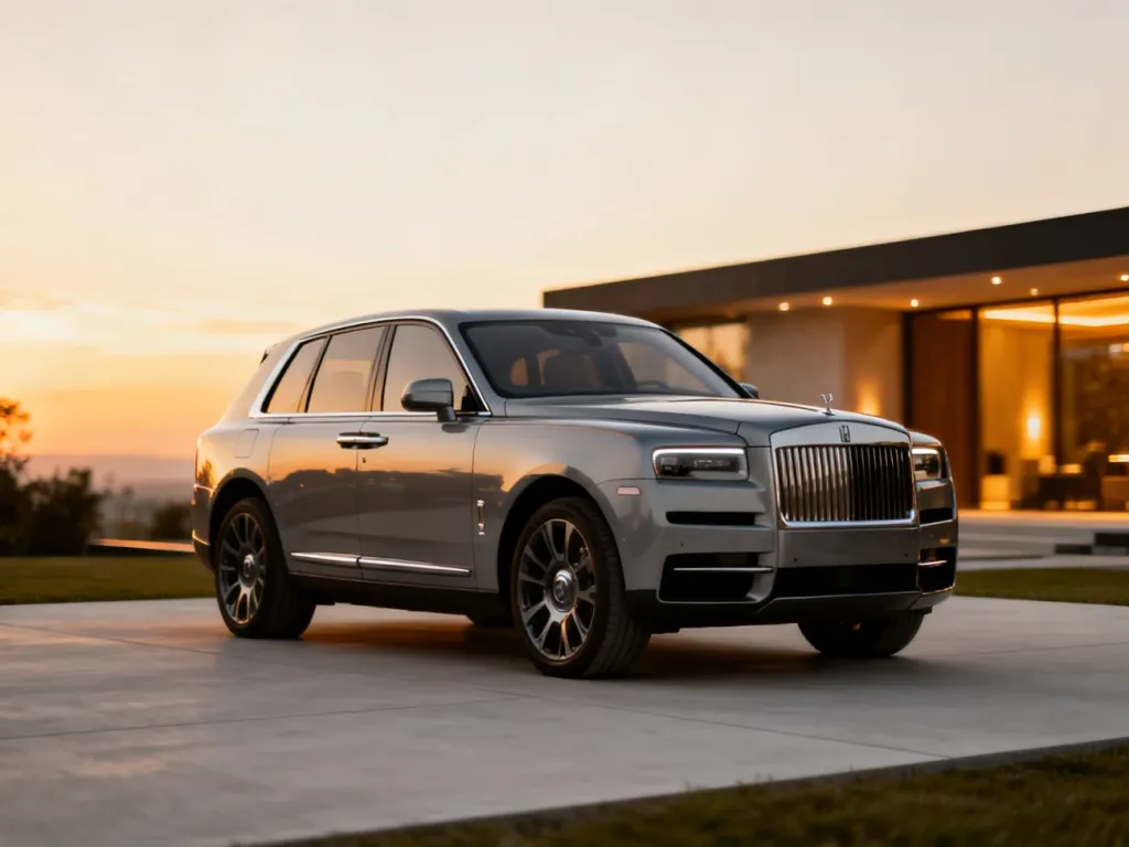 Audi Q7 zaparkowane na nowoczesnym podjeździe o zachodzie słońca, podkreślające luksusowy i aerodynamiczny design modelu.