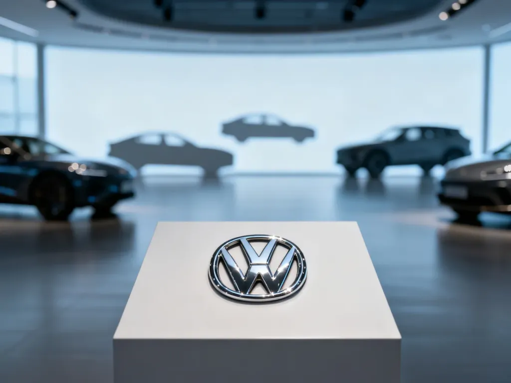 Elegancki, metalowy emblemat Volkswagena wyeksponowany w nowoczesnym salonie samochodowym.