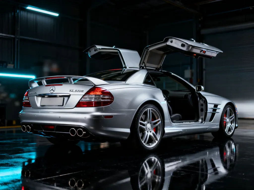Srebrny McLaren Mercedes SLR z otwartymi drzwiami typu gullwing w profesjonalnym oświetleniu studyjnym.