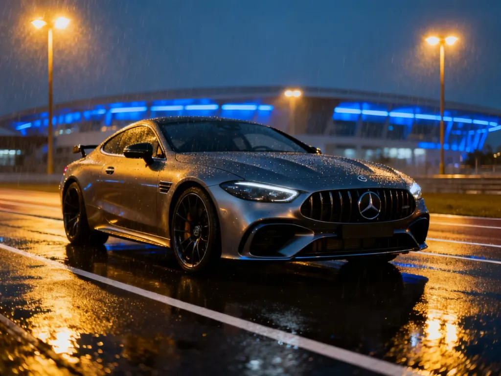 Luksusowy sportowy Mercedes zaparkowany na mokrym torze o zmierzchu, podkreślający aerodynamiczną sylwetkę pojazdu.