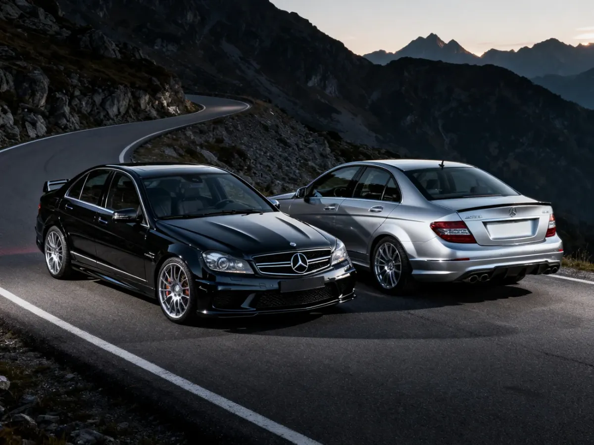 Mercedes-AMG C63 W204 i W205 zaparkowane obok siebie na górskiej drodze