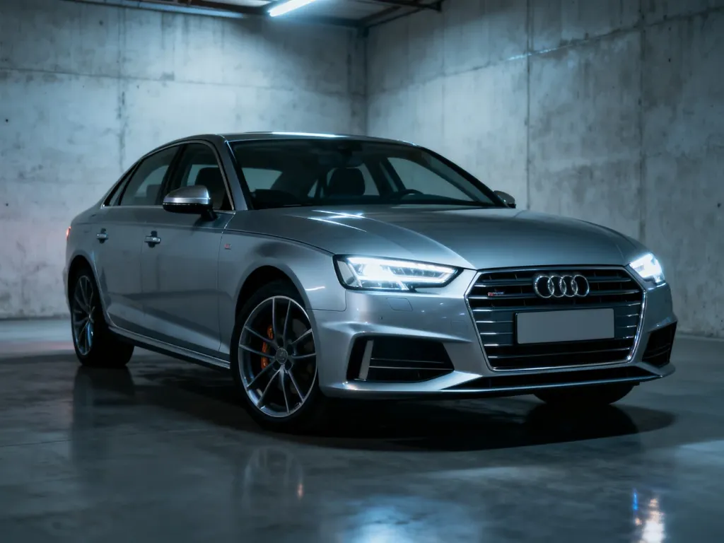 Nowoczesny sedan Audi A4 zaparkowany w minimalistycznym garażu, prezentujący elegancką stylistykę nadwozia.