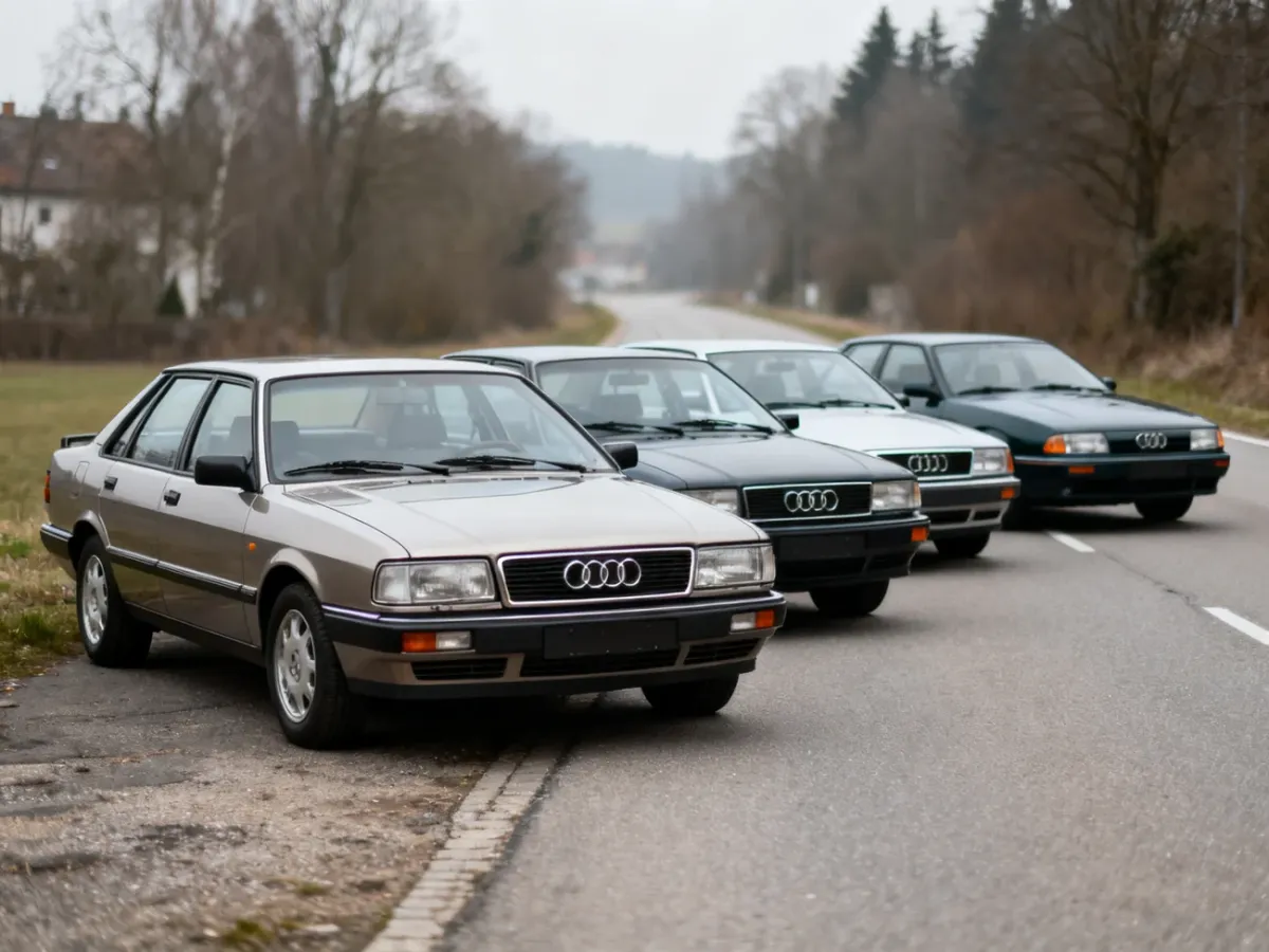 Cztery generacje Audi 80 ustawione kolejno na drodze