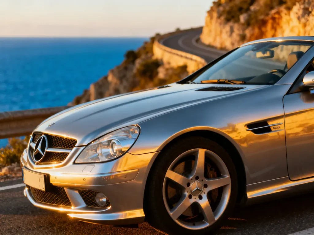 Srebrny Mercedes SLK zaparkowany na malowniczej, nadmorskiej trasie podczas zachodu słońca.