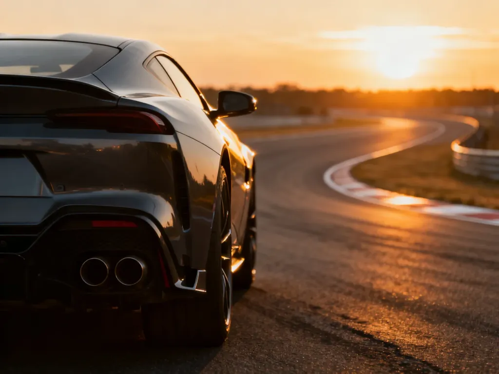 Mercedes-AMG C63 coupe zaparkowany na torze wyścigowym w blasku zachodzącego słońca, podkreślającym jego sportową sylwetkę.