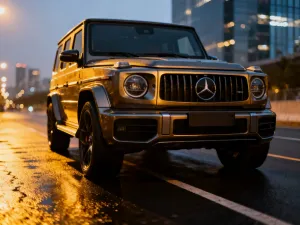 Nowoczesny elektryczny SUV Audi e-tron quattro zaparkowany przy stacji ładowania w wieczornej scenerii.