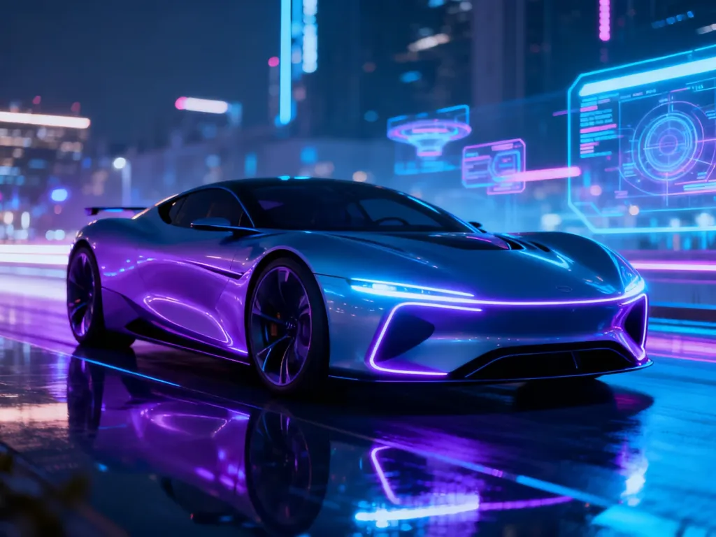 Futurystyczny samochód koncepcyjny z aerodynamicznymi liniami na tle nowoczesnego, neonowego miasta nocą.
