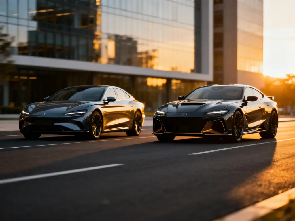 Audi A4 i BMW serii 3 zaparkowane obok siebie, ilustrujące porównanie dwóch popularnych sedanów klasy premium.