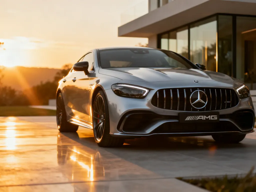 Srebrny Mercedes AMG zaparkowany na nowoczesnym podjeździe w blasku zachodzącego słońca, podkreślającym jego sportową sylwetkę.