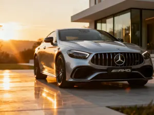 Srebrny Mercedes GLA zaparkowany na miejskiej ulicy w blasku zachodzącego słońca, podkreślającym nowoczesny design auta.