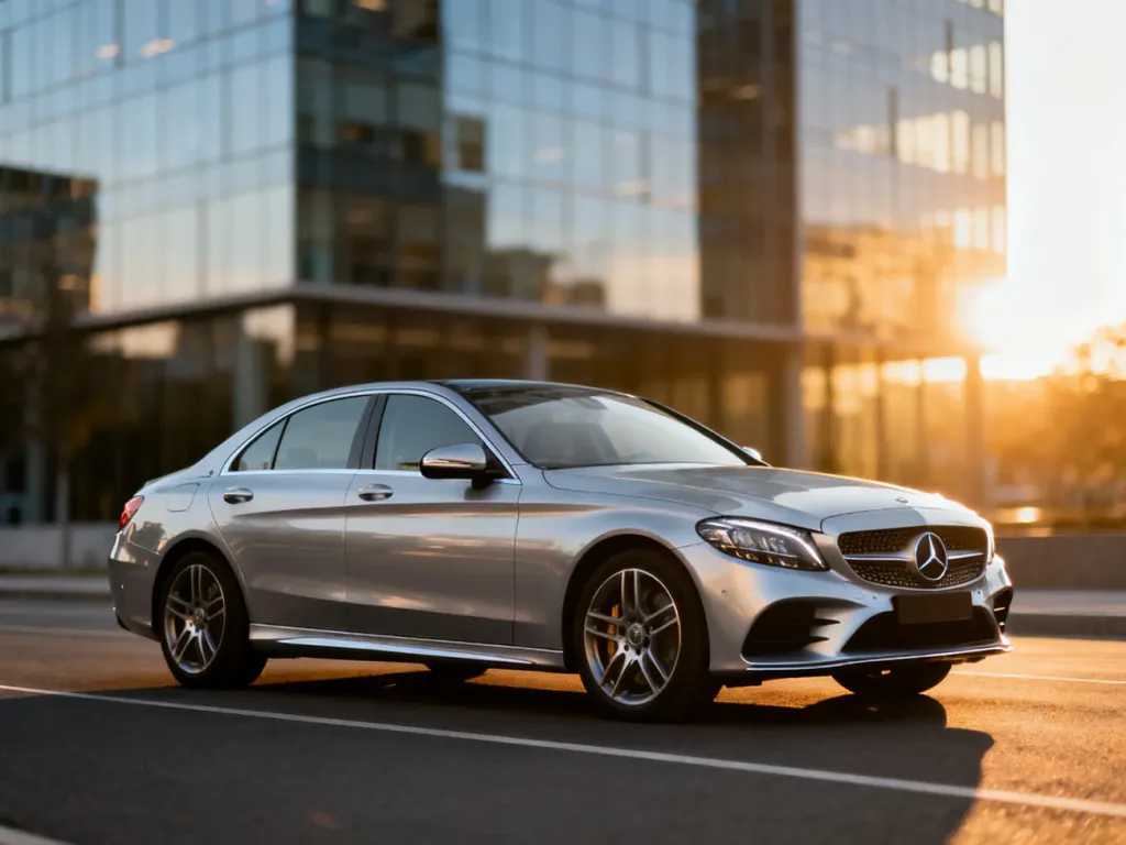 Srebrny Mercedes-Benz klasy C zaparkowany na tle nowoczesnego biurowca w świetle zachodzącego słońca.