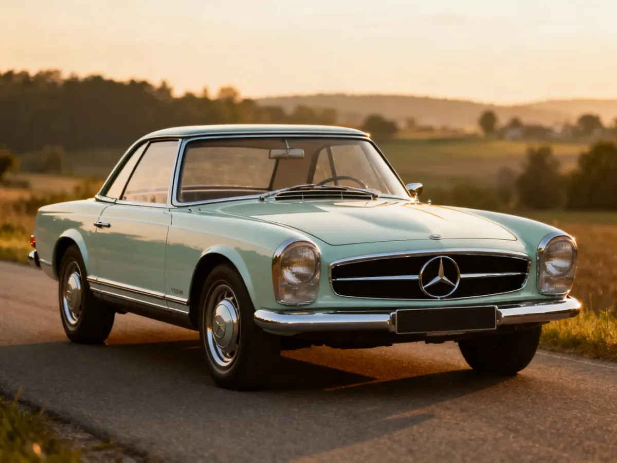Klasyczny Mercedes 230 SL Pagoda z charakterystycznym twardym dachem