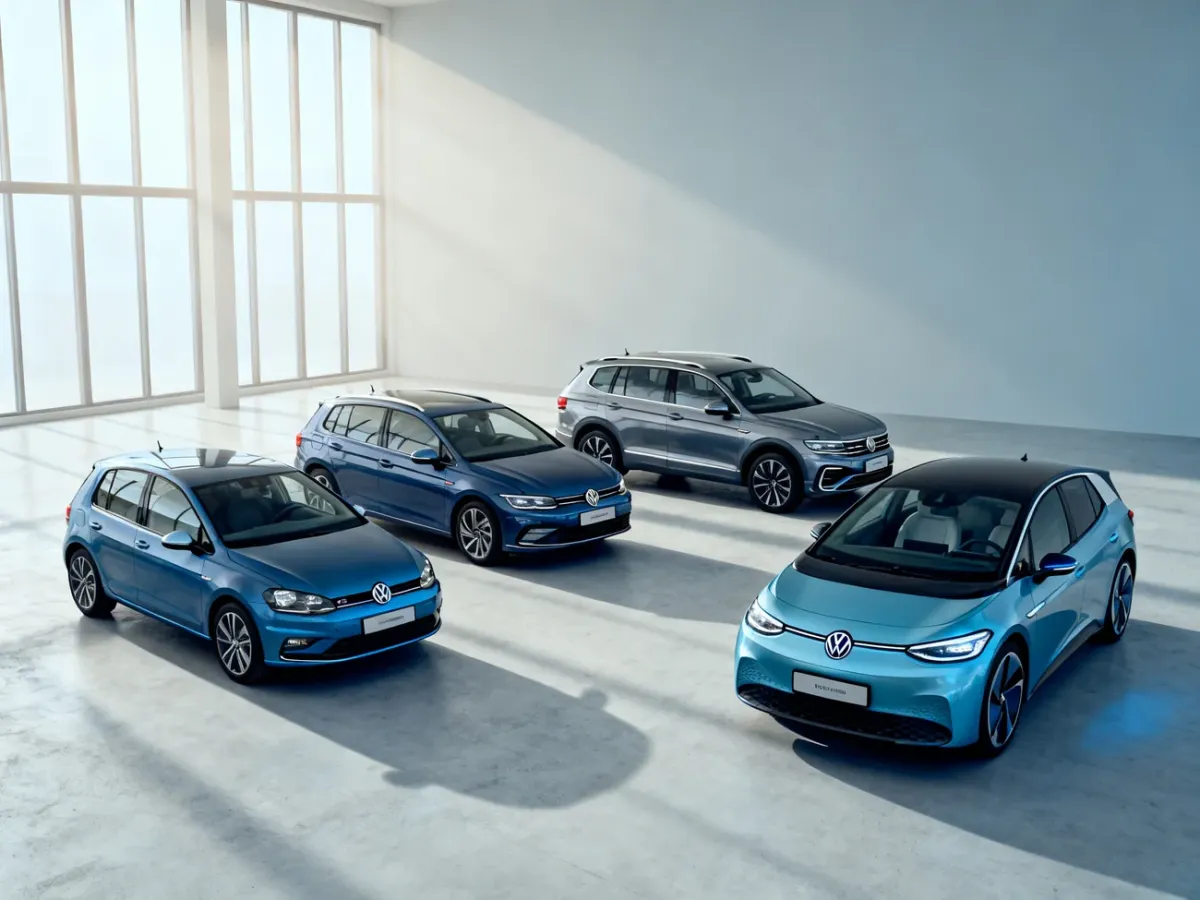 Różne modele samochodów Volkswagena reprezentujące obecną gamę marki