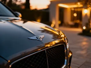 Zbliżenie na elegancką kierownicę Mercedesa z widocznym logo i skórzanym wykończeniem wnętrza w luksusowym samochodzie.