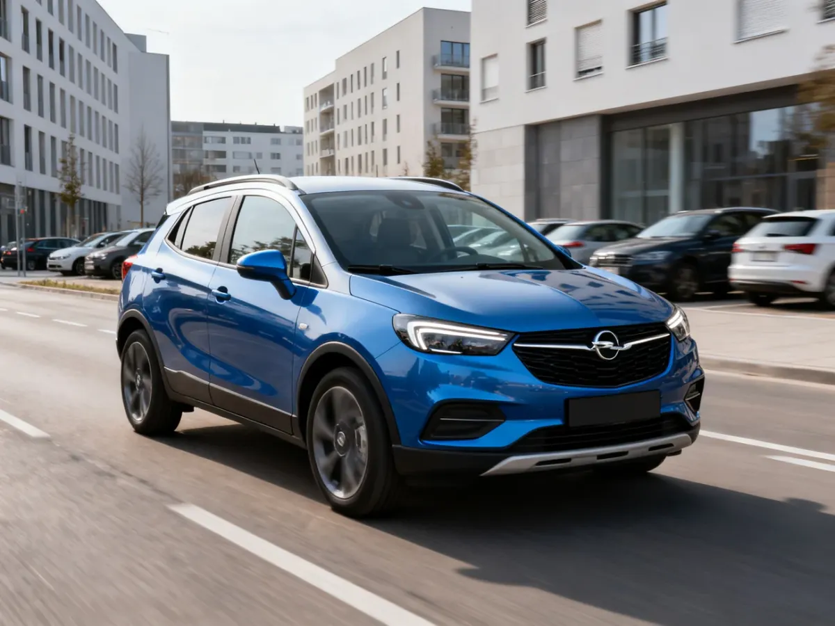 Kompaktowy Opel Mokka poruszający się po miejskiej ulicy