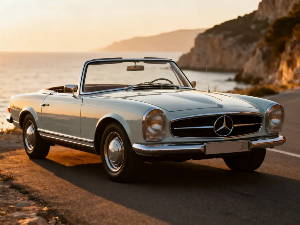 Klasyczny Mercedes 230 SL zaparkowany na malowniczej nadmorskiej drodze podczas zachodu słońca.