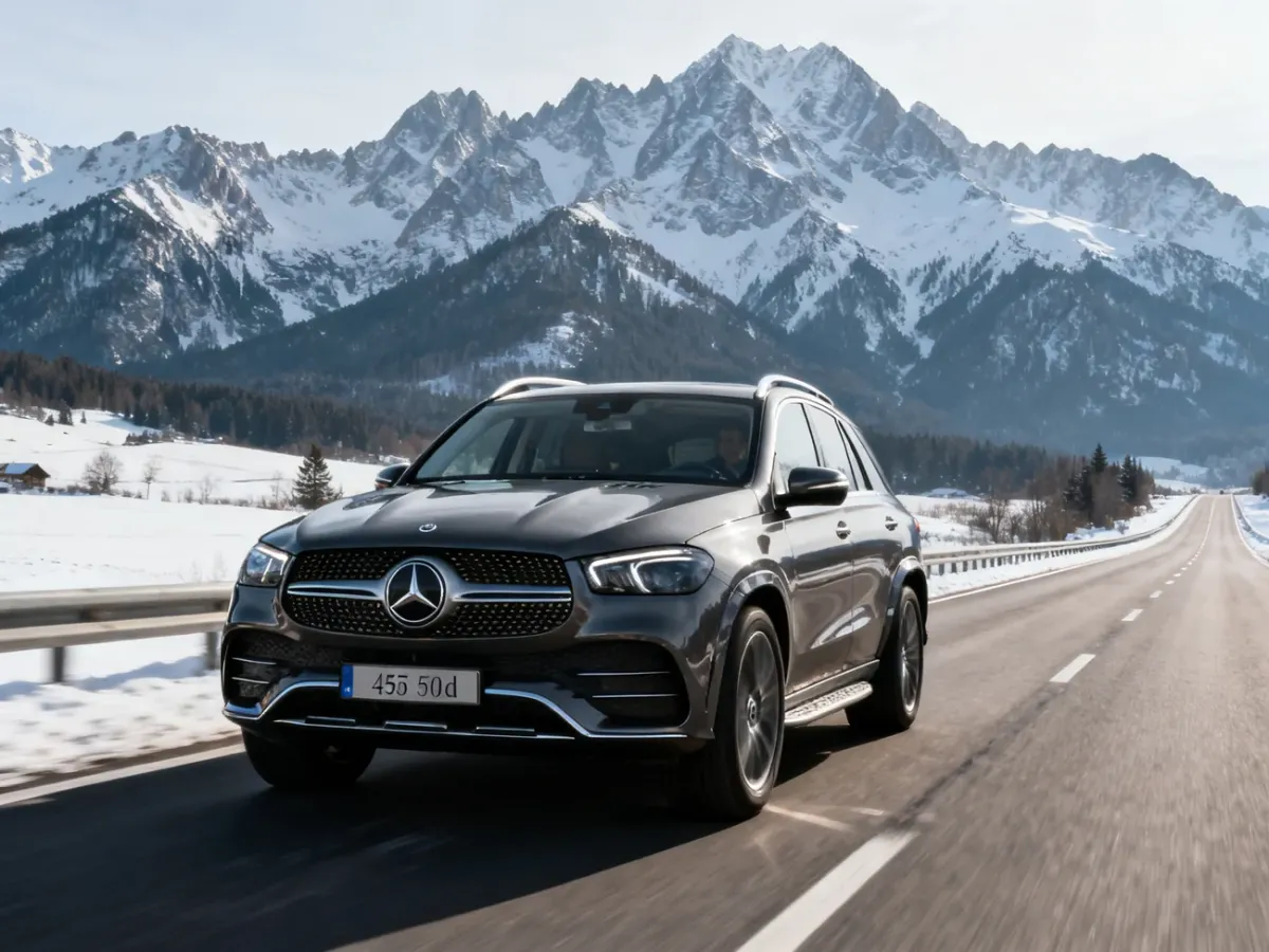 Mercedes GLE 450d jadący zimową drogą w kierunku Tatr