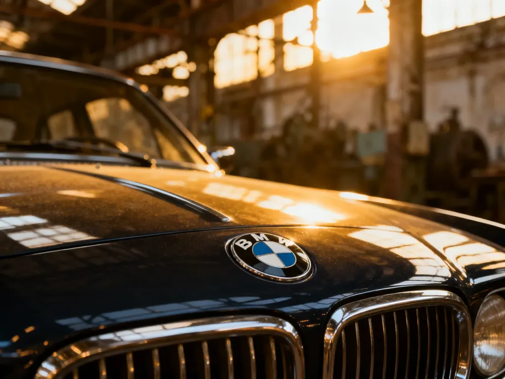 Zabytkowe logo BMW na lśniącej masce samochodu na tle dawnej fabryki, podkreślające historyczne dziedzictwo marki.