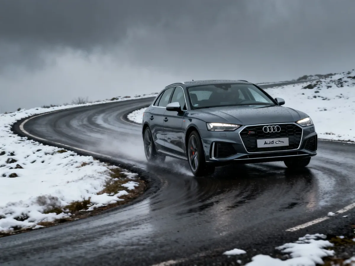 Samochód Audi z napędem quattro pokonujący mokrą i częściowo zaśnieżoną krętą drogę
