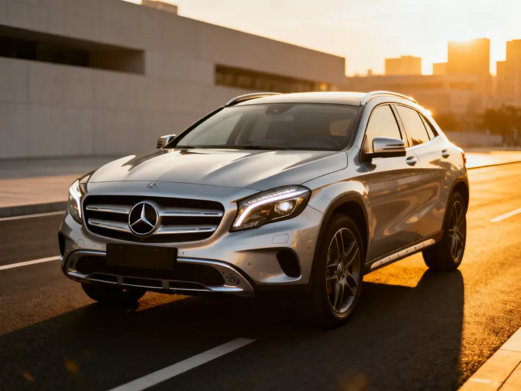 Srebrny Mercedes GLA 250 zaparkowany na nowoczesnej ulicy w blasku zachodzącego słońca, podkreślającym aerodynamiczną sylwetkę.