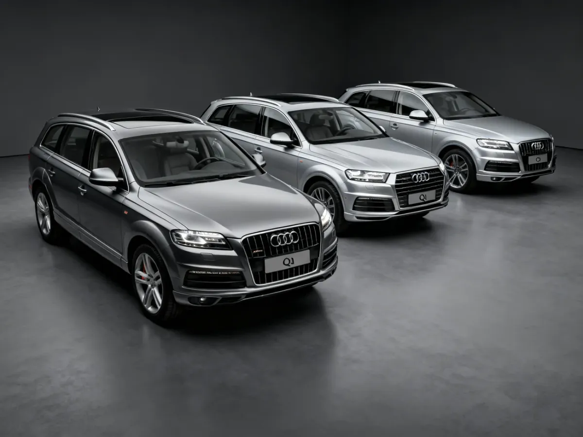 Trzy generacje Audi Q7 ustawione obok siebie w studiu motoryzacyjnym