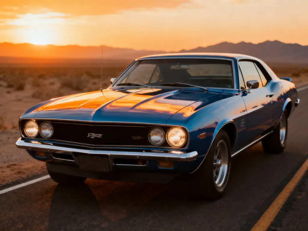 Klasyczny niebieski muscle car zaparkowany na pustynnej drodze podczas zachodu słońca, podkreślający styl amerykańskiej motoryzacji.
