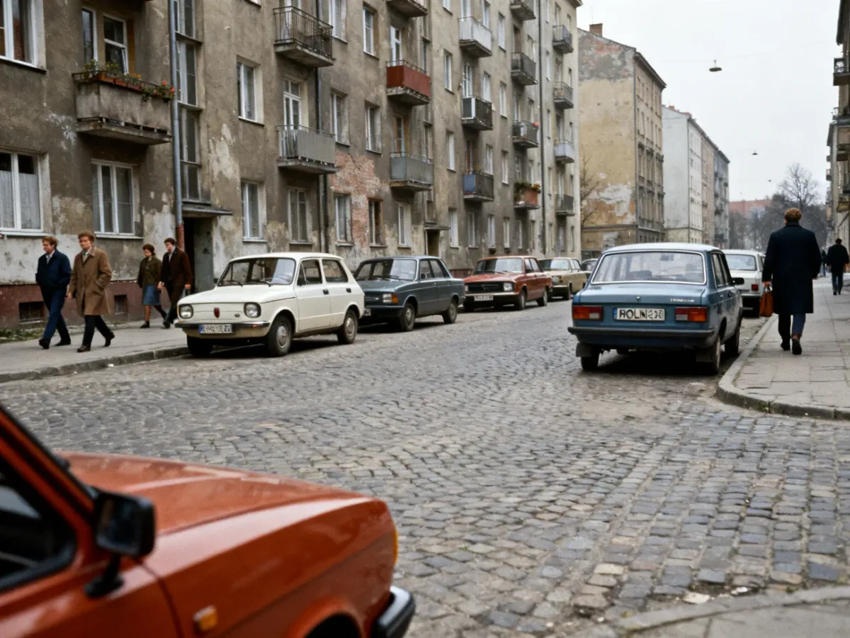 Ulica polskiego miasta w latach 80. z Maluchem, Fiatem 125p i Polonezem