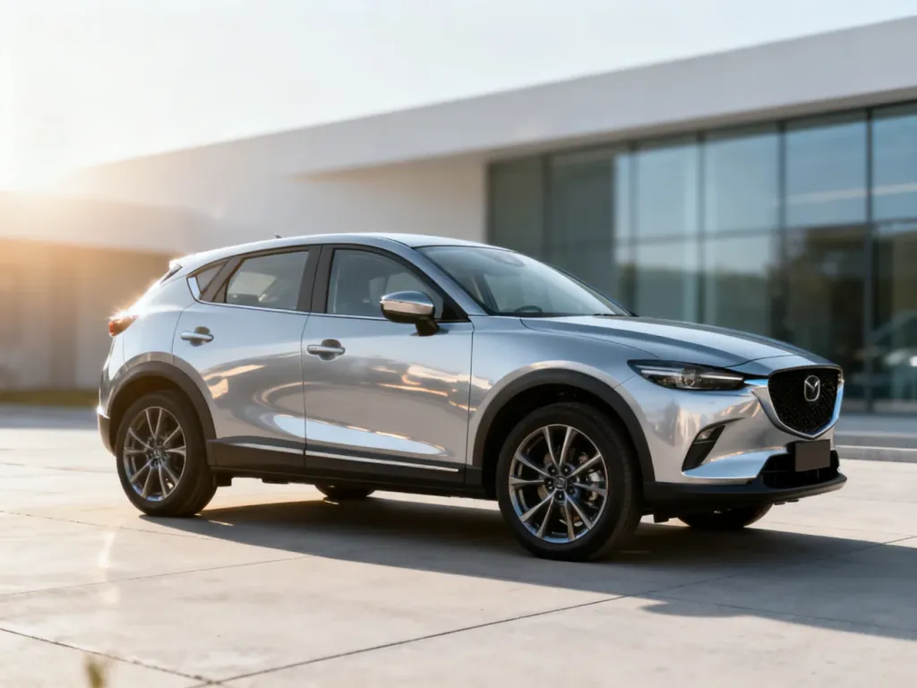 Srebrny Mercedes GLA zaparkowany na nowoczesnym podjeździe, prezentujący aerodynamiczną sylwetkę i aluminiowe felgi.