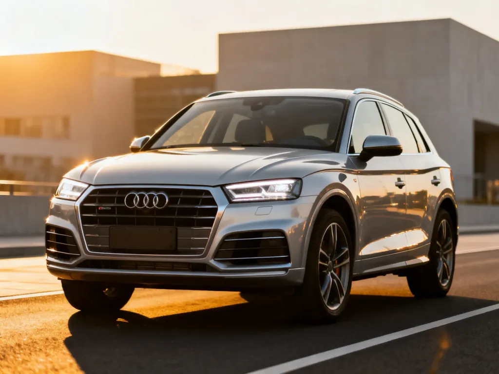 Srebrne Audi Q5 zaparkowane na nowoczesnej drodze w świetle zachodzącego słońca, podkreślające elegancję i design modelu.