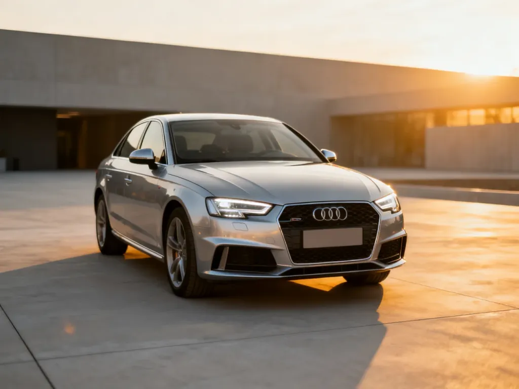 Srebrne Audi A4 B8 zaparkowane na nowoczesnym tle w świetle zachodzącego słońca, podkreślające elegancki design modelu.
